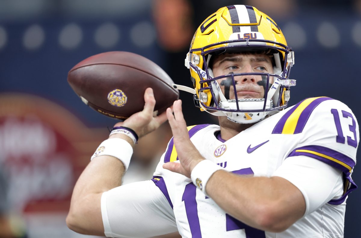 LSU quarterback Garrett Nussmeier (13) warms up before an NCAA college football game against Southern California, Sunday, Sept. 1, 2024, in Las Vegas.