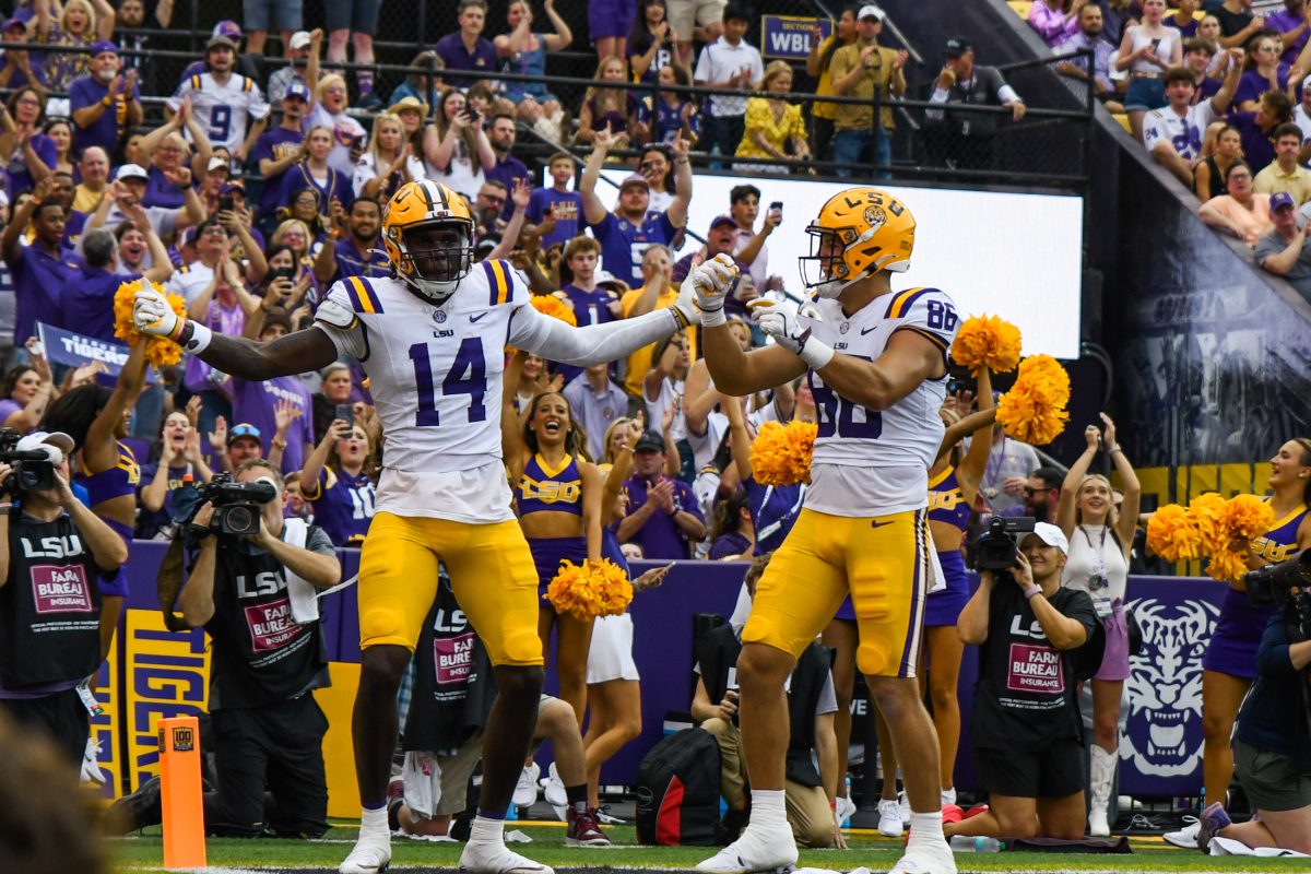 LSU football freshman tight end Trey&#8217;Dez Green (14) celebrates after catching a touchdown pass on Saturday, Sept. 7, 2024, during LSU&#8217;s 44-21 win against Nicholls at Tiger Stadium in Baton Rouge, La.