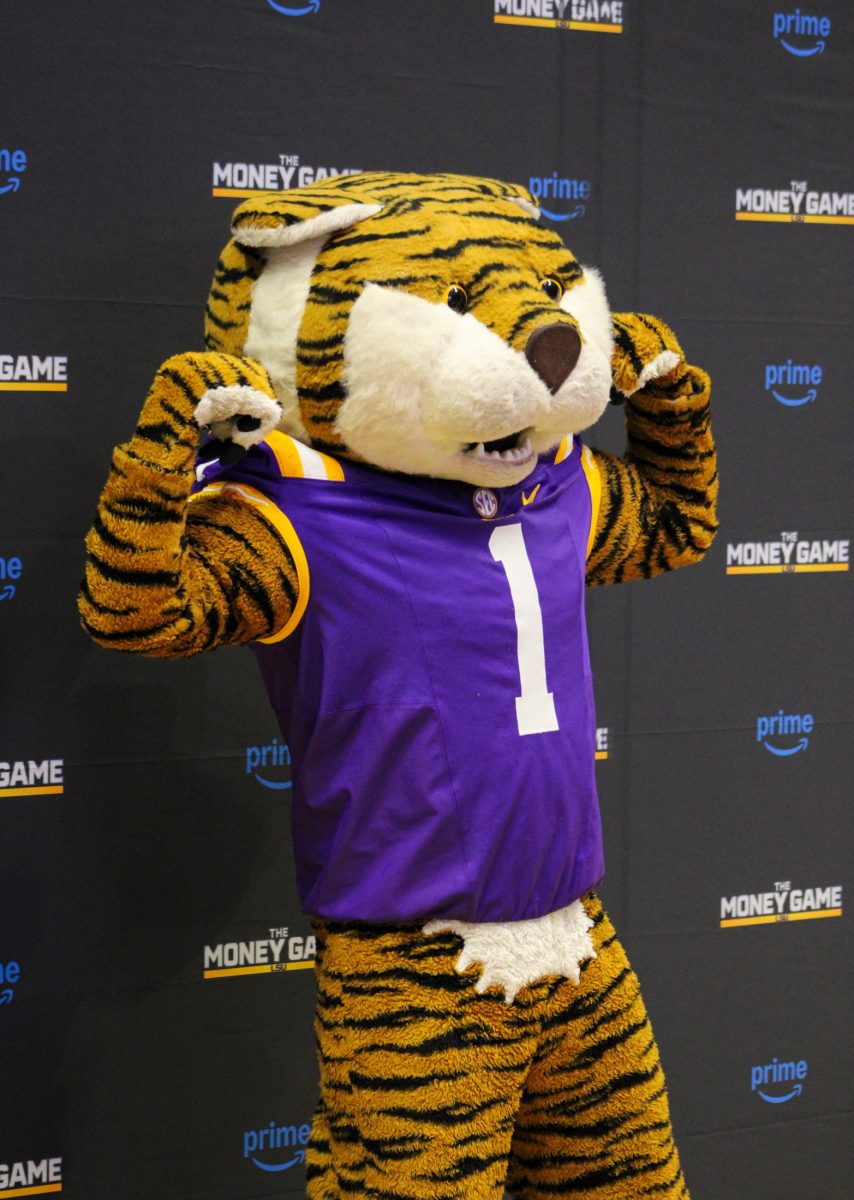 Mike the Tiger poses for a photo on Wednesday, Sept. 4, 2024, during the gold carpet premiere of LSU’s “The Money Game” at the Pete Maravich Assembly Center on N. Stadium Drive in Baton Rouge, La.