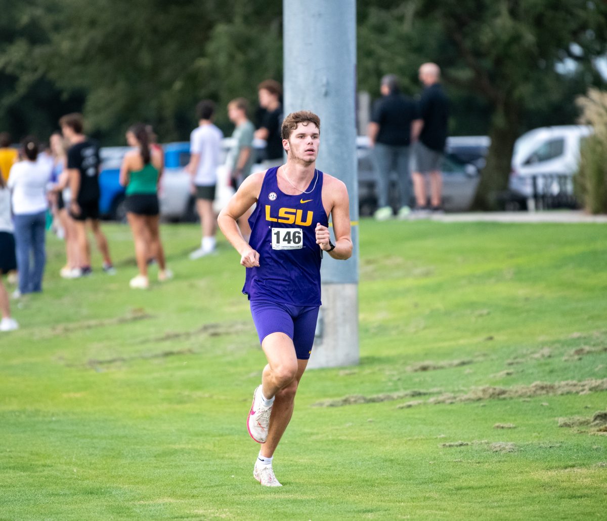 LSU men’s cross country freshman runner Michael Vocke races Friday, Sept. 13, 2024, during LSU’s 15-point win at the men’s LSU Cross Country Invitational at the LSU UREC Field Complex on Gourrier Avenue in Baton Rouge, La.