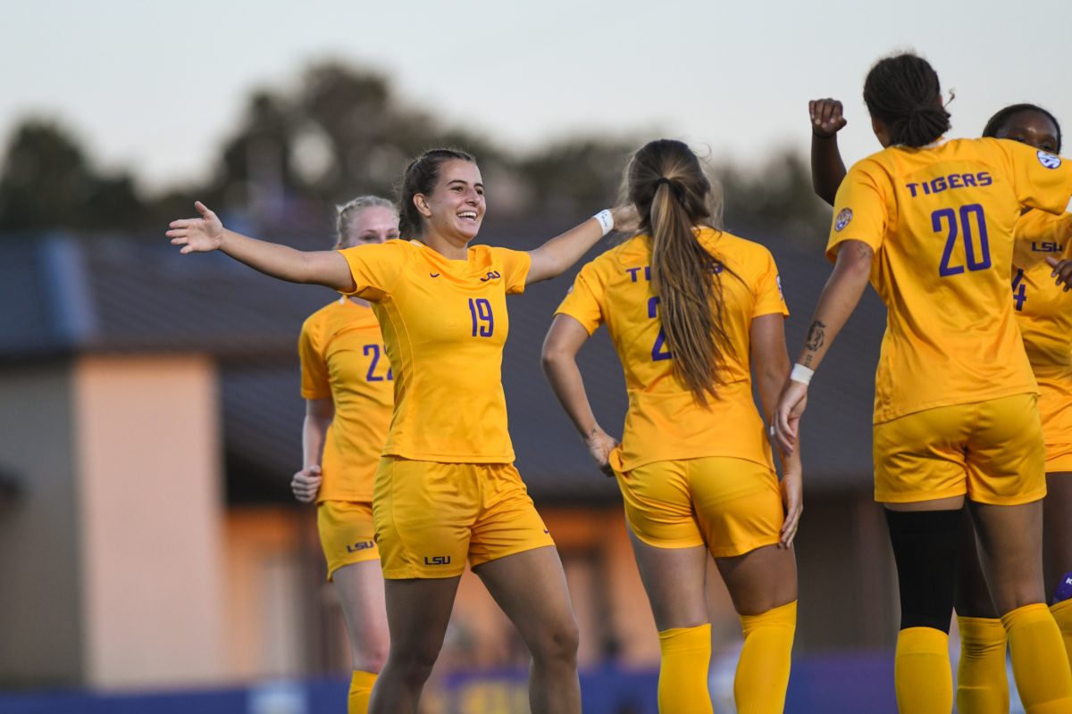 LSU soccer players celebrate after scoring a goal on Sept. 26, 2024, during a women's soccer 3-1 win against Oklahoma at the LSU Soccer Stadium in Baton Rouge, La.