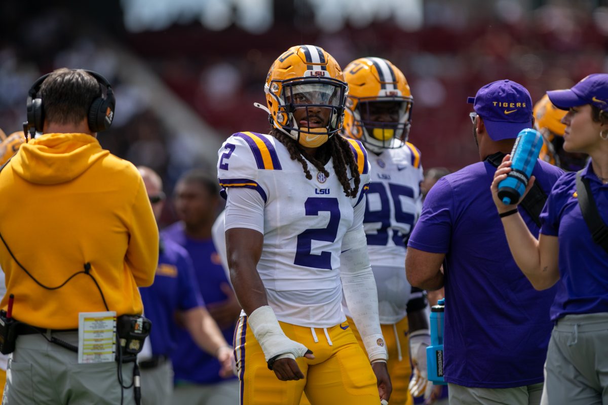 LSU football redshirt junior safety Jardin Gilbert (2) leaves a team huddle&#160;Saturday, Sept. 14th, 2024, during LSU&#8217;s 36-33 win over South Carolina at Williams-Brice Stadium in Columbia, Sc.