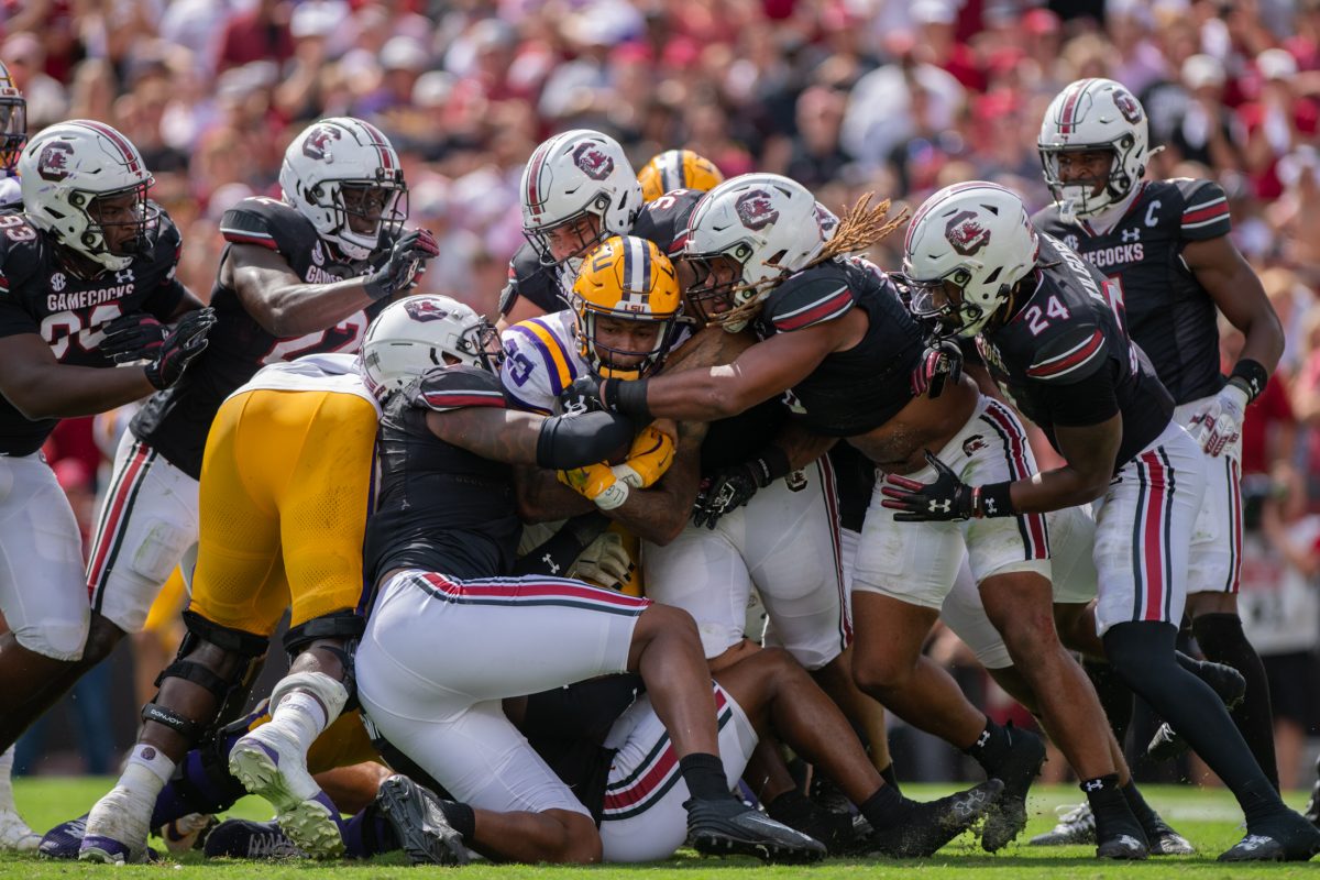 LSU football freshman running back Caden Durham (29) holds onto the ball Saturday, Sept. 14th, 2024, during LSU&#8217;s 36-33 win over South Carolina at Williams-Brice Stadium in Columbia, Sc.