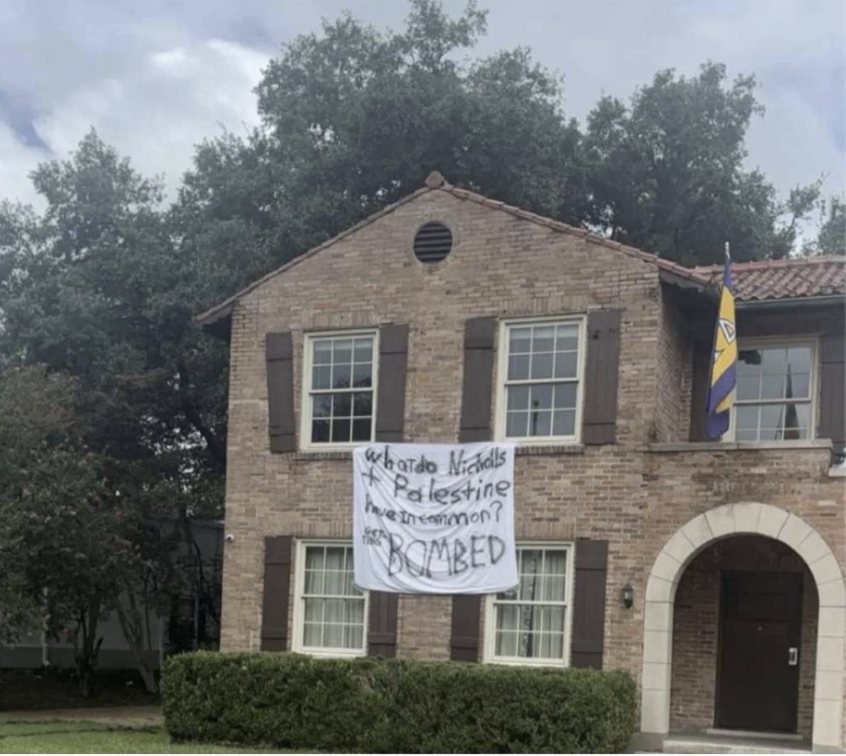 A banner that reads&#160;&#8220;What do Nicholls + Palestine have in common? Getting BOMBED" hangs from the house of LSU Delta Tau Delta chapter Epsilon Kappa on Saturday, Sept. 7, in Baton Rouge, La.