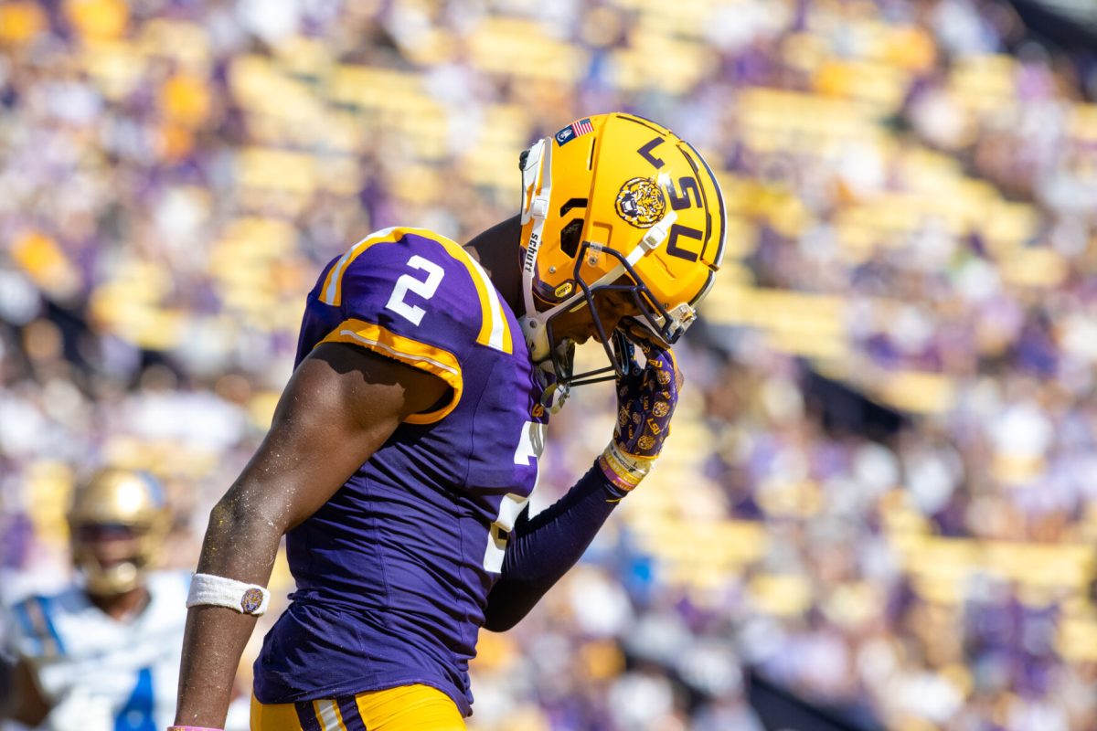 LSU football 5th-year-senior wide receiver Kyren Lacy (2) shakes his head after failing to receive a pass Saturday, Sept. 21, 2024, during LSU's 34-17 win against UCLA at Tiger Stadium in Baton Rouge, La.