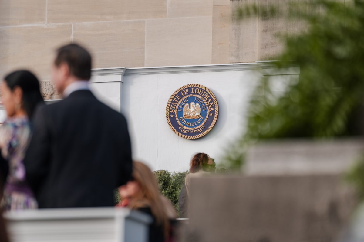 The Louisiana State Seal adorns the Inauguration banister Sunday, Jan. 7, 2024, prior to the inauguration ceremony beginning in Baton Rouge, La.