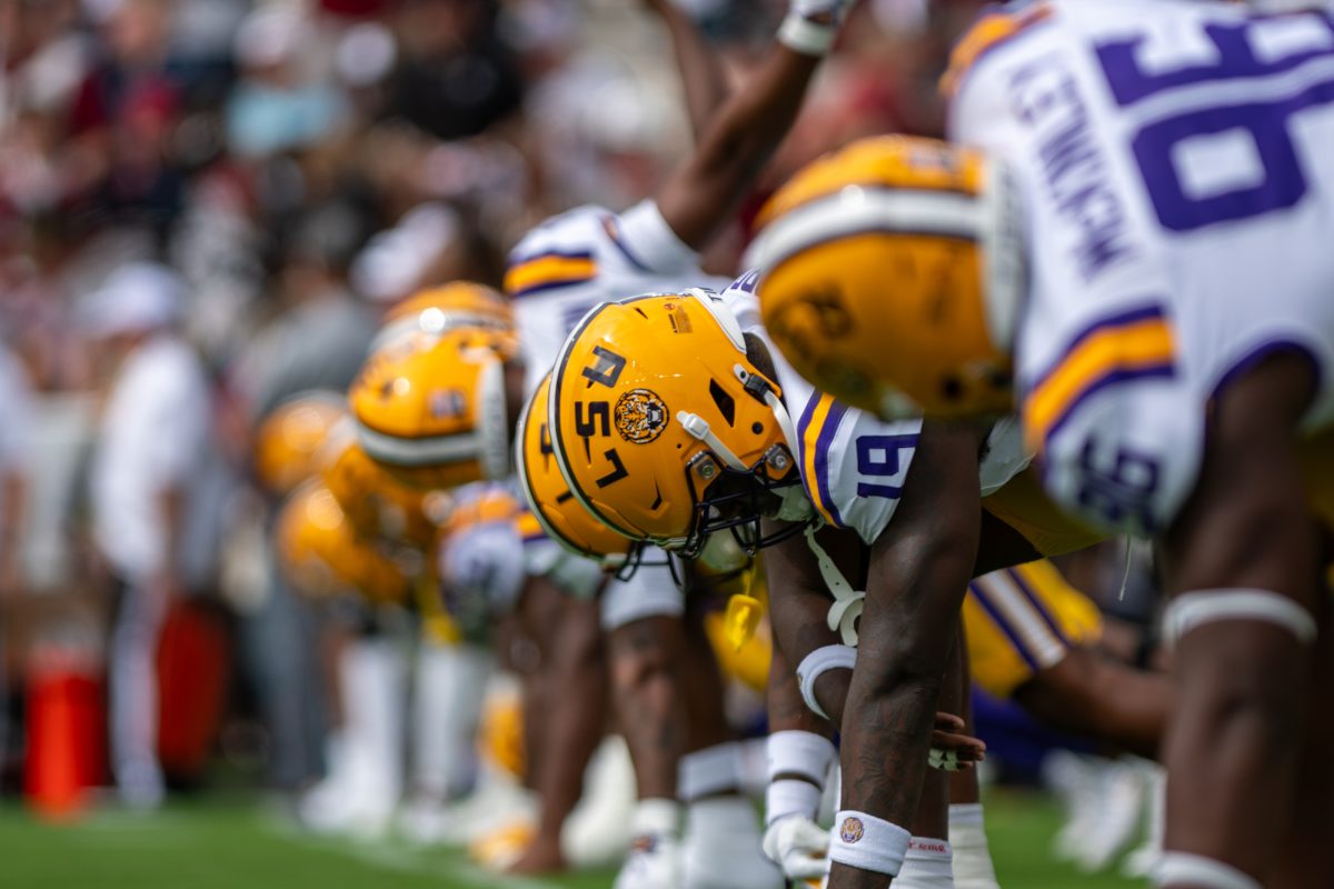 LSU football defensive line warms up&#160;Saturday, Sept. 14th, 2024, during LSU&#8217;s 36-33 win over South Carolina at Williams-Brice Stadium in Columbia, Sc.