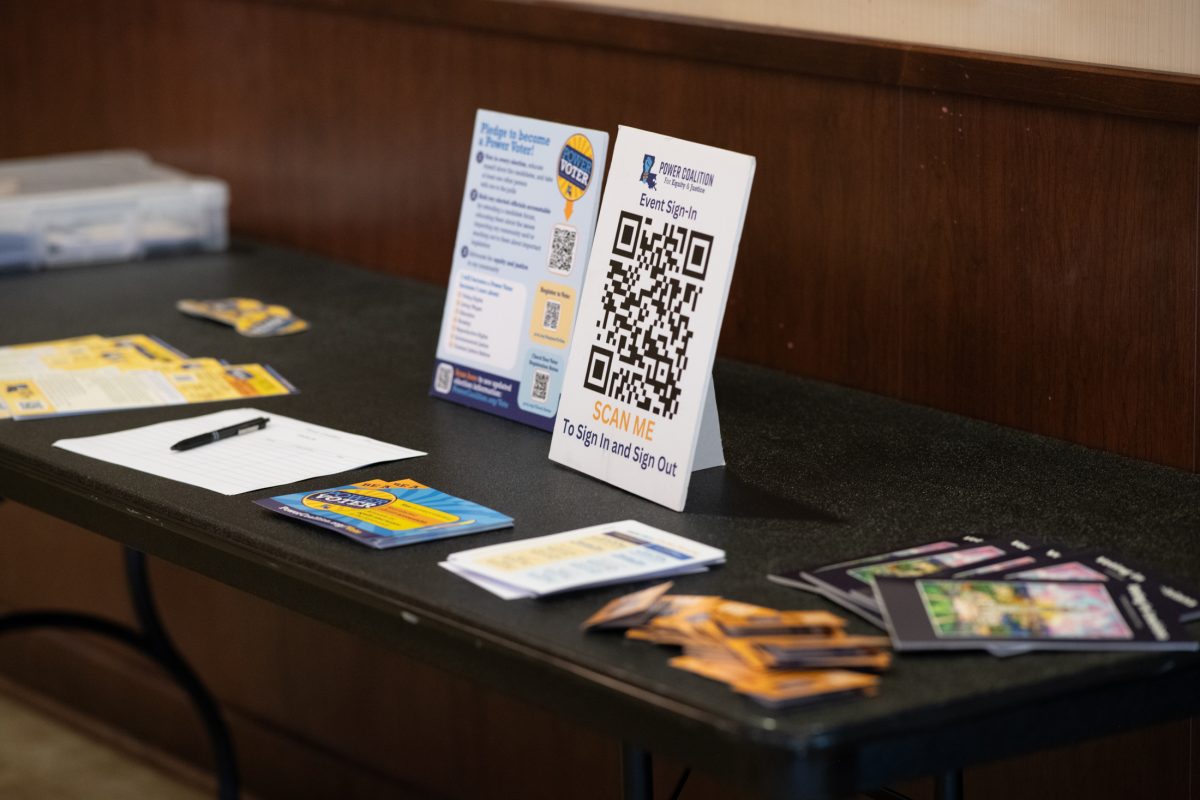 A display containing important information for students sits Tuesday, Sept. 17, 2024, during the National Voter Registration Day Speaker Series hosted by Geaux Vote LSU, inside the LSU Student Union at 310 LSU Student Union in Baton Rouge, La.