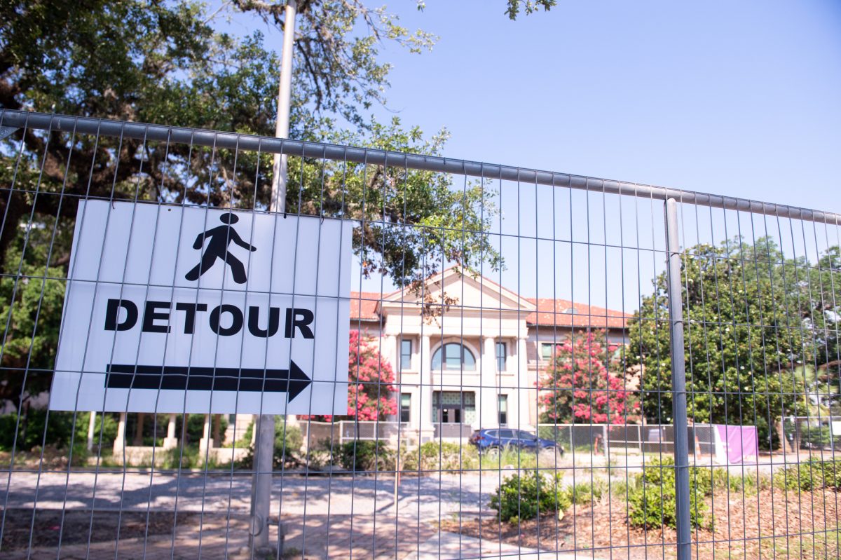 Fencing around construction creates new walking path Wednesday, June 12, 2024, on Field House Drive on LSU's campus in Baton Rouge, La.