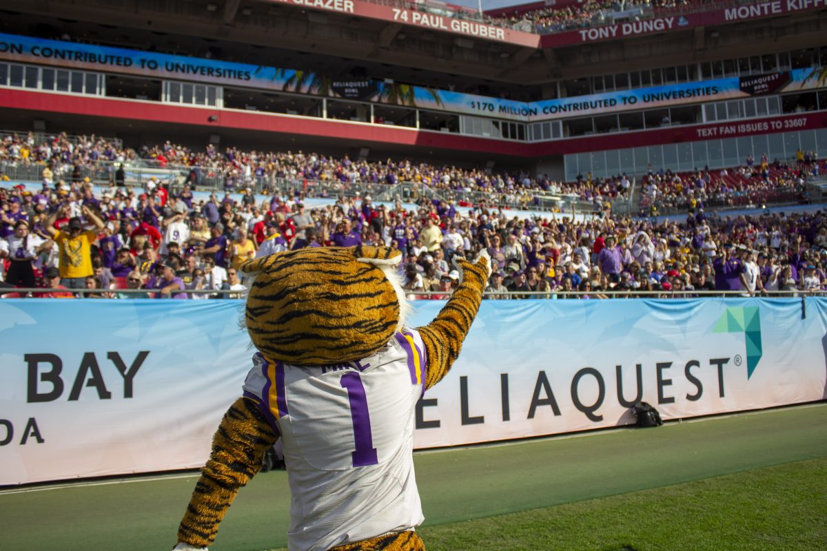 <p>Mike the Tiger leads a chant Monday, Jan. 1, 2024, during LSU's 35-31 win over Wisconsin at the Raymond James Stadium in Tampa, Fl.</p>