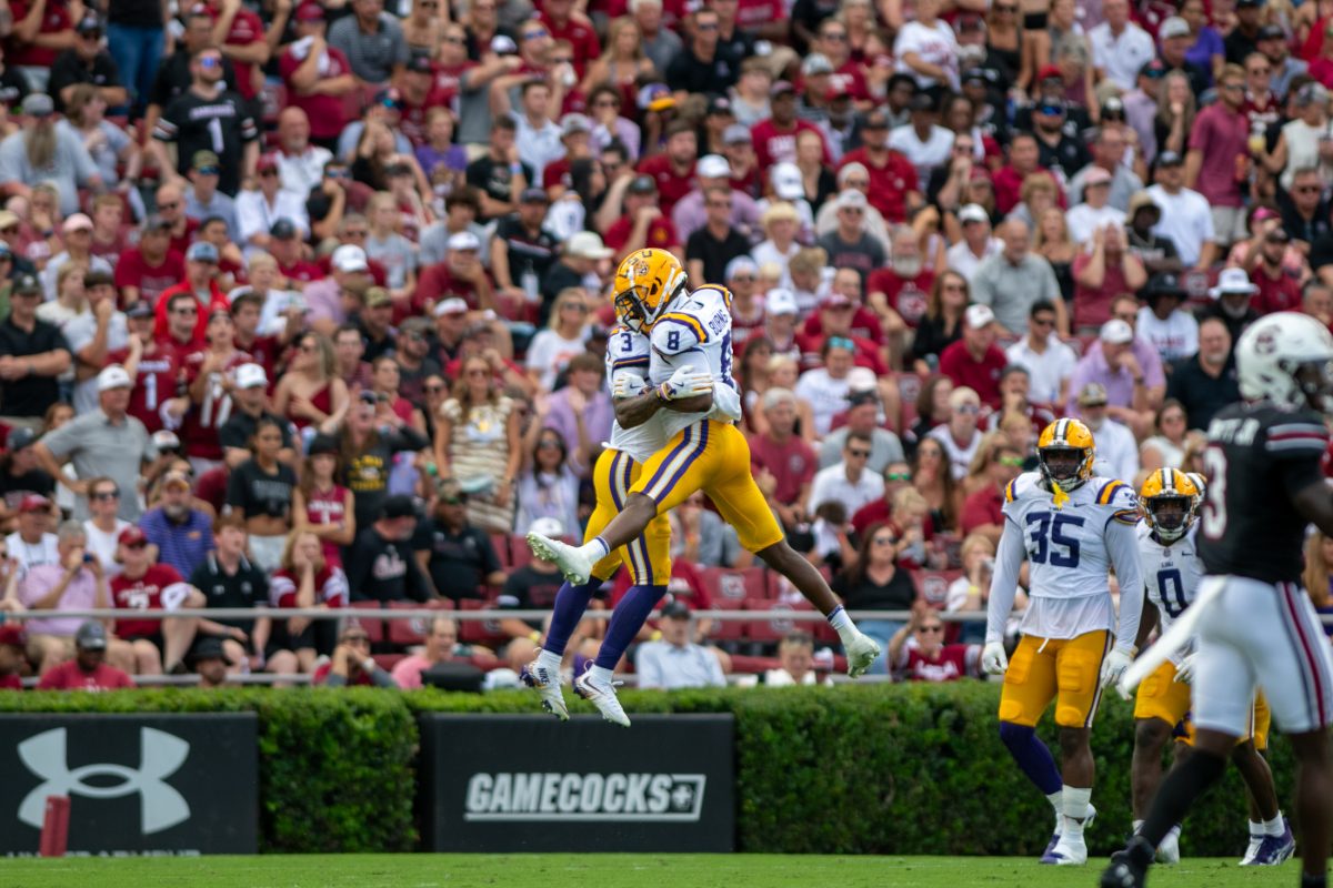 <p><span>LSU football redshirt junior safety Sage Ryan (3) and senior safety Major Burns (8) celebrate Saturday, Sept. 14th, 2024, during LSU’s 36-33 win over South Carolina at Williams-Brice Stadium in Columbia, Sc.</span></p>