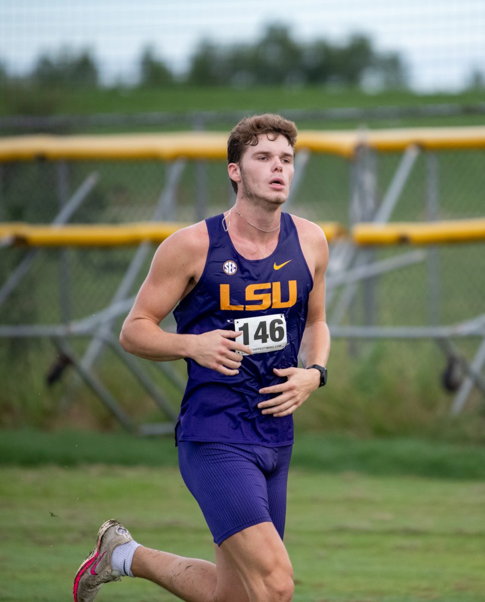 LSU men’s cross country freshman runner Michael Vocke approaches the finish line Friday, Sept. 13, 2024, during LSU’s 15-point win at the men’s LSU Cross Country Invitational at the LSU UREC Field Complex on Gourrier Avenue in Baton Rouge, La.