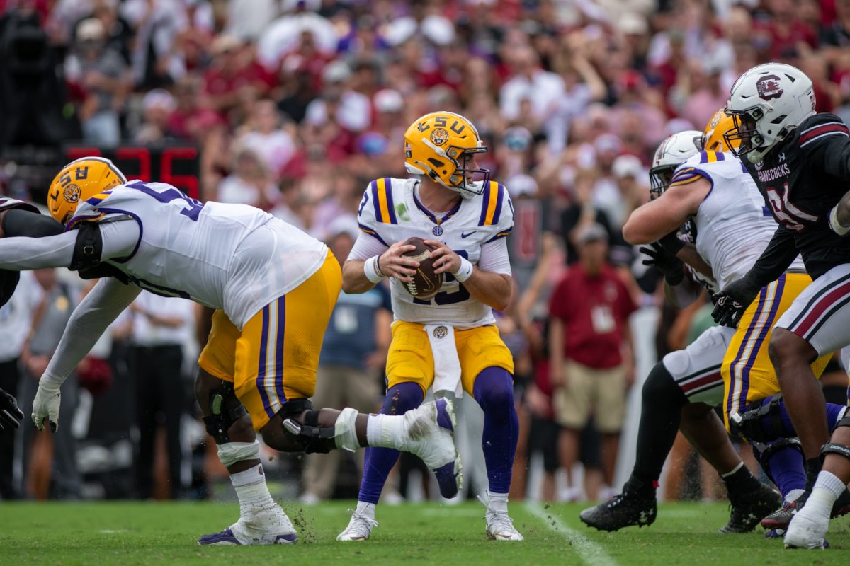 <p><span>LSU football redshirt junior Garrett Nussmeier (13) prepares to throw Saturday, Sept. 14th, 2024, during LSU’s 36-33 win over South Carolina at Williams-Brice Stadium in Columbia, Sc.</span></p>