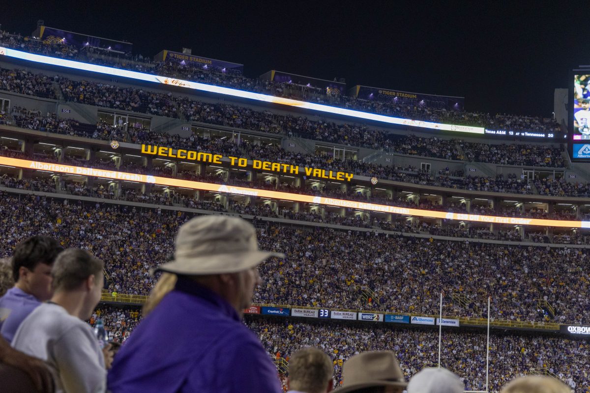 The "Welcome to Death Valley" sign shines brightly Saturday, Oct. 14, 2023, during LSU&#8217;s 48-18 win against Auburn in Tiger Stadium in Baton Rouge, La.