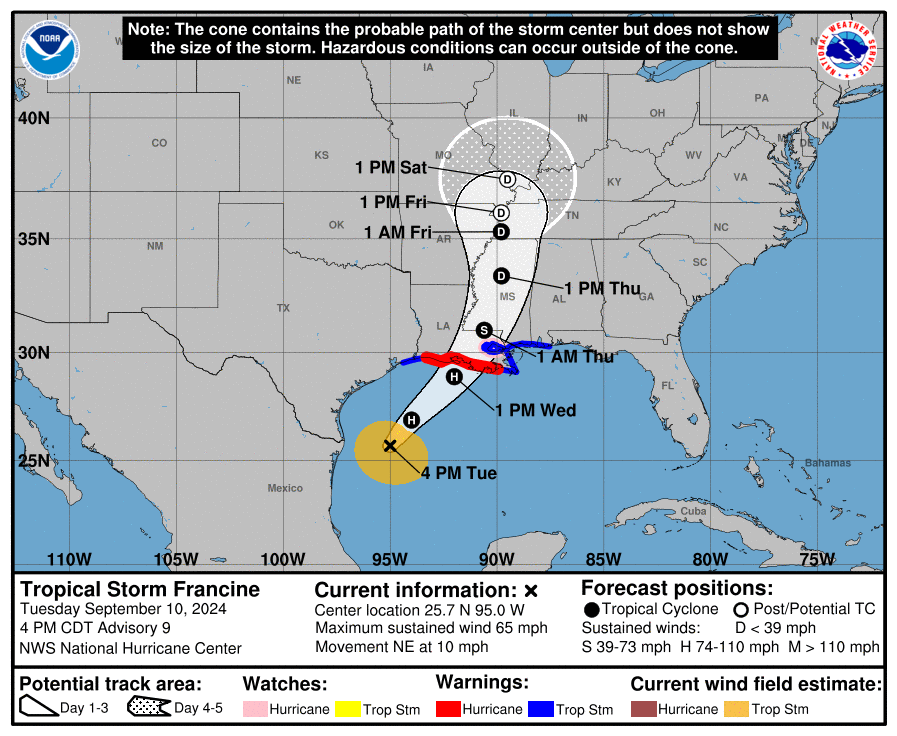 This map from the evening of Tuesday, September 10, 2024, shows an updated forecast for Francine.