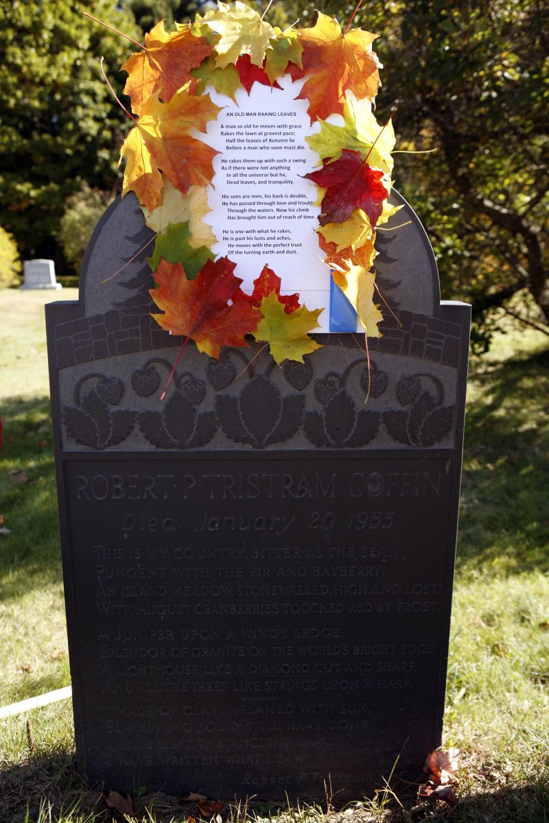 This Oct. 21, 2009 photo shows an adorned poem placed on a tombstone by Walter Skold, founder of the Dead Poets Society of America at a graveyard in Cundys Harbor, Maine. Skold, an amateur poet, says he just finished a three-month road trip in which he visited the graves of 150 poets in 23 states, hoping to call attention to some of the dead poets' work.