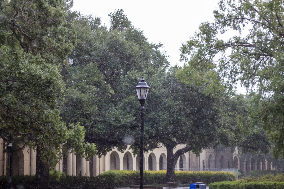 Rain pours down Tuesday, Sept. 26, 2023, in the LSU Quad in Baton Rouge, La.