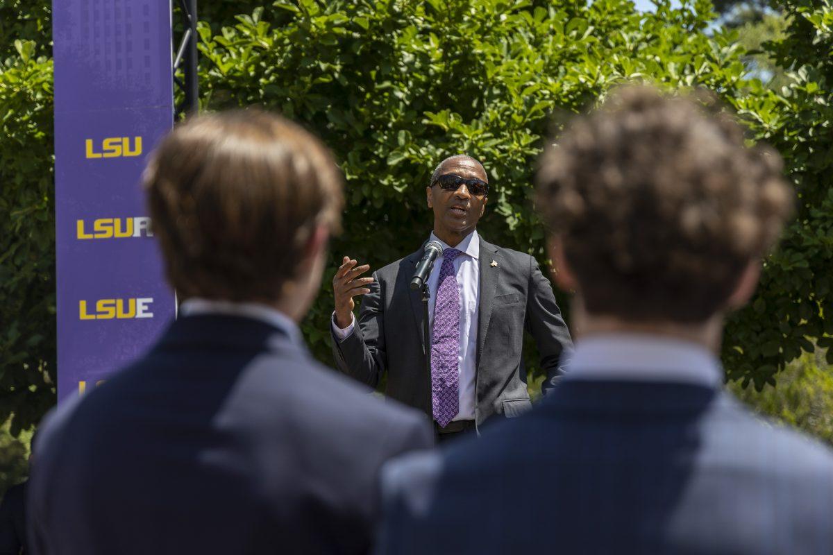 LSU president William Tate gives the opening talk Wednesday, April 19, 2023, during LSU Day at the Capitol at the Louisiana State Capitol in Baton Rouge, La.