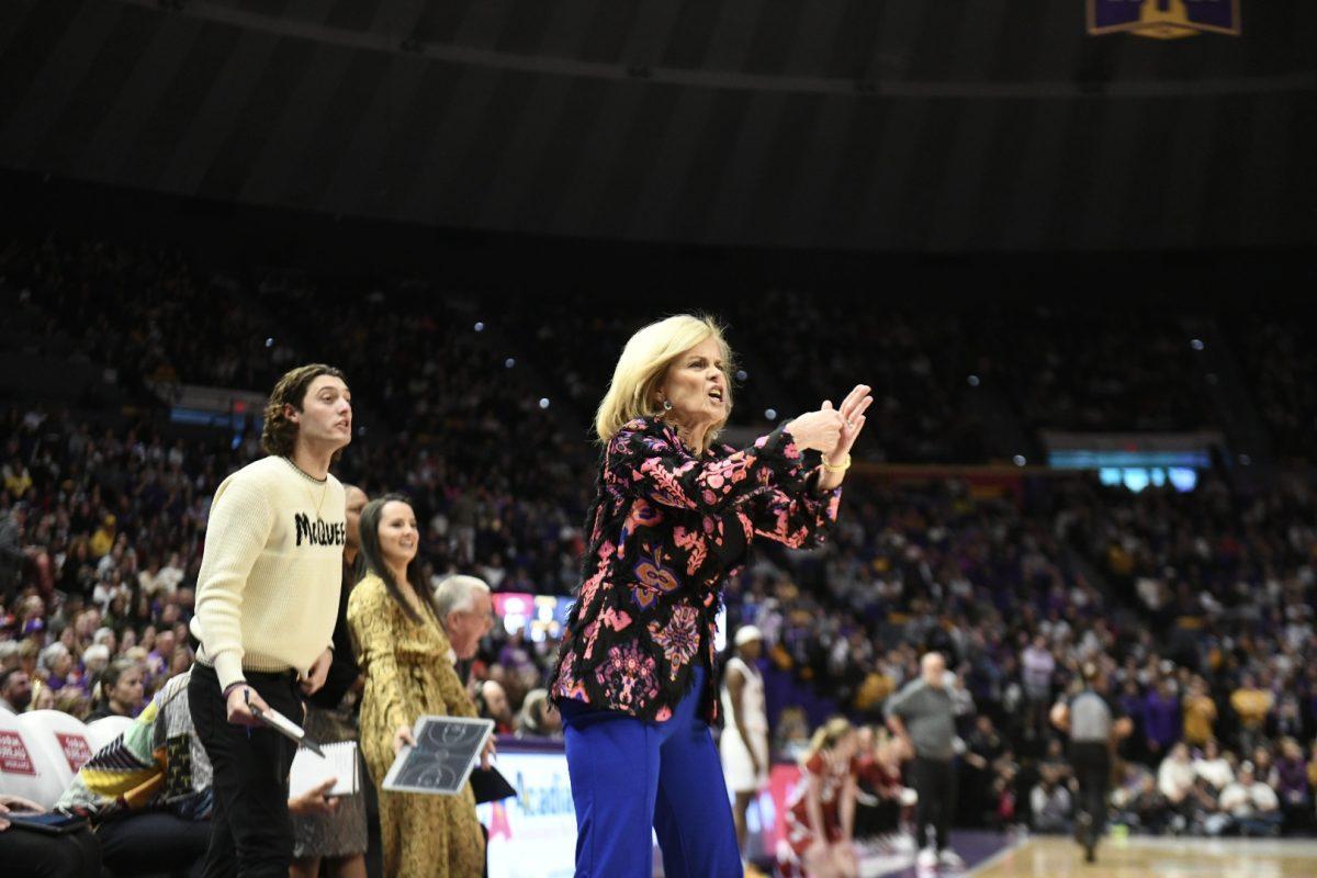 <p>LSU women’s basketball head coach Kim Mulkey reacts to a play Sunday, Jan. 21, 2024, during LSU’s 99-68 win over Arkansas in the Pete Maravich Assembly Center in Baton Rouge, La.</p>