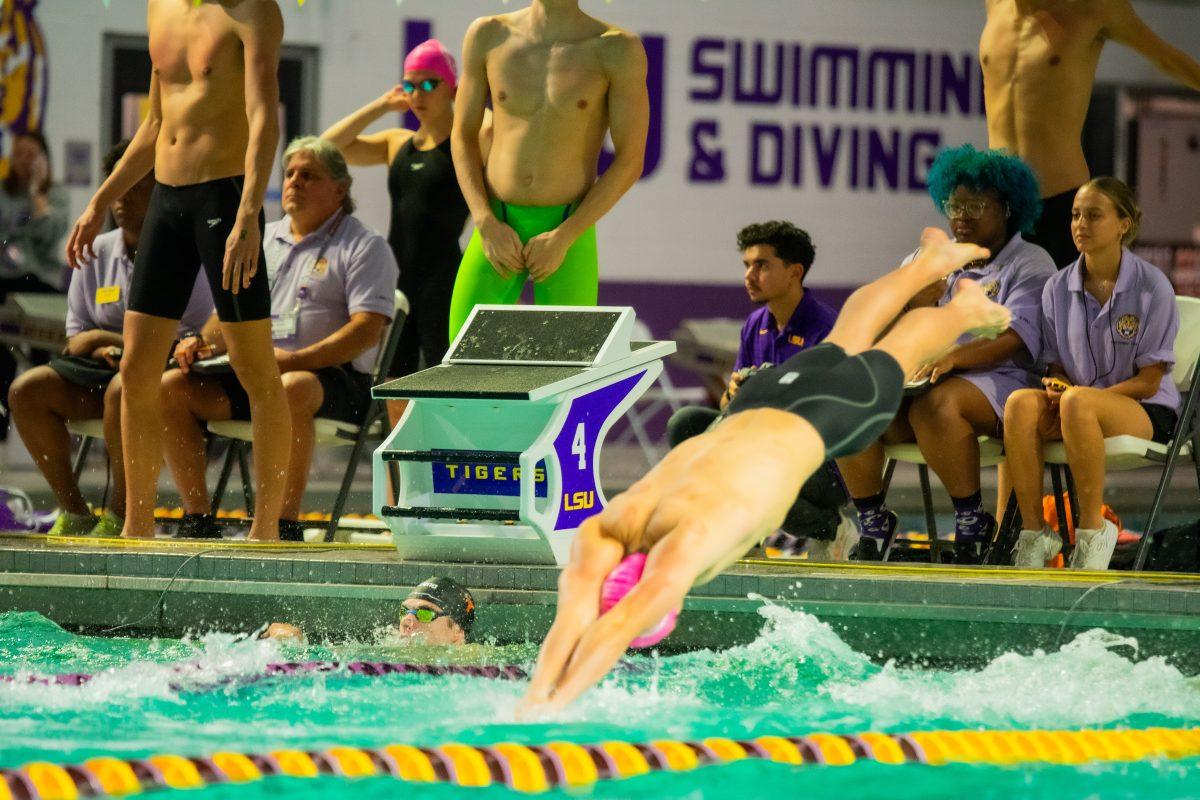 Junior Andrew Garon leaps into the water for the sprint freestyle event&#160;during LSU's swim meet against Texas at the LSU Natatorium on Friday, Oct. 11, 2024, in Baton Rouge, La.&#160;