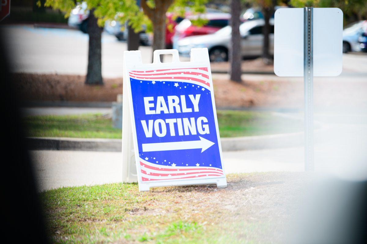 A sign greets early voters on Wednesday, Nov. 8, 2023, at the Louisiana State Archives building on Essen Lane in Baton Rouge, La.