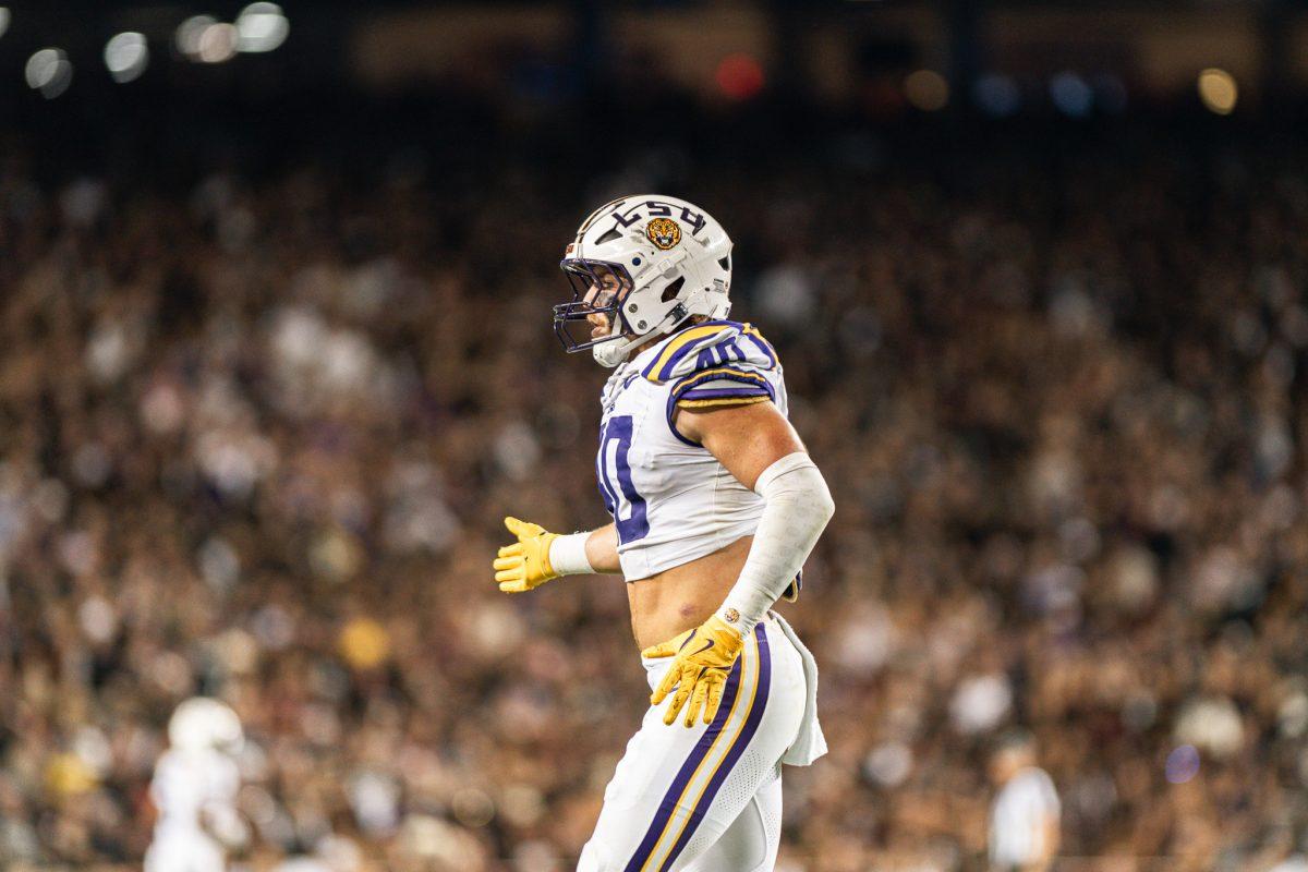 LSU football sophomore linebacker Whit Weeks (40) gets into position for LSU's next play&#160;on Saturday, Oct. 26, 2024, during LSU's 23-38 loss against Texas A&amp;M at Kyle Field in College Station, Texas.&#160;