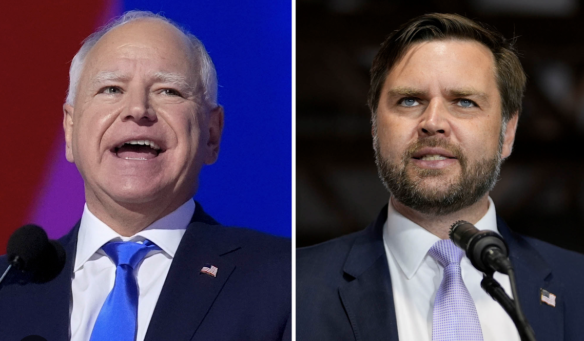 This combination of photos shows Democratic vice presidential candidate Minnesota Gov. Tim Walz, left, at the DNC on Aug. 21, 2024, in Chicago, and Republican vice presidential nominee Sen. JD Vance, R-Ohio, on Sept. 25, 2024, in Traverse City, Mich.