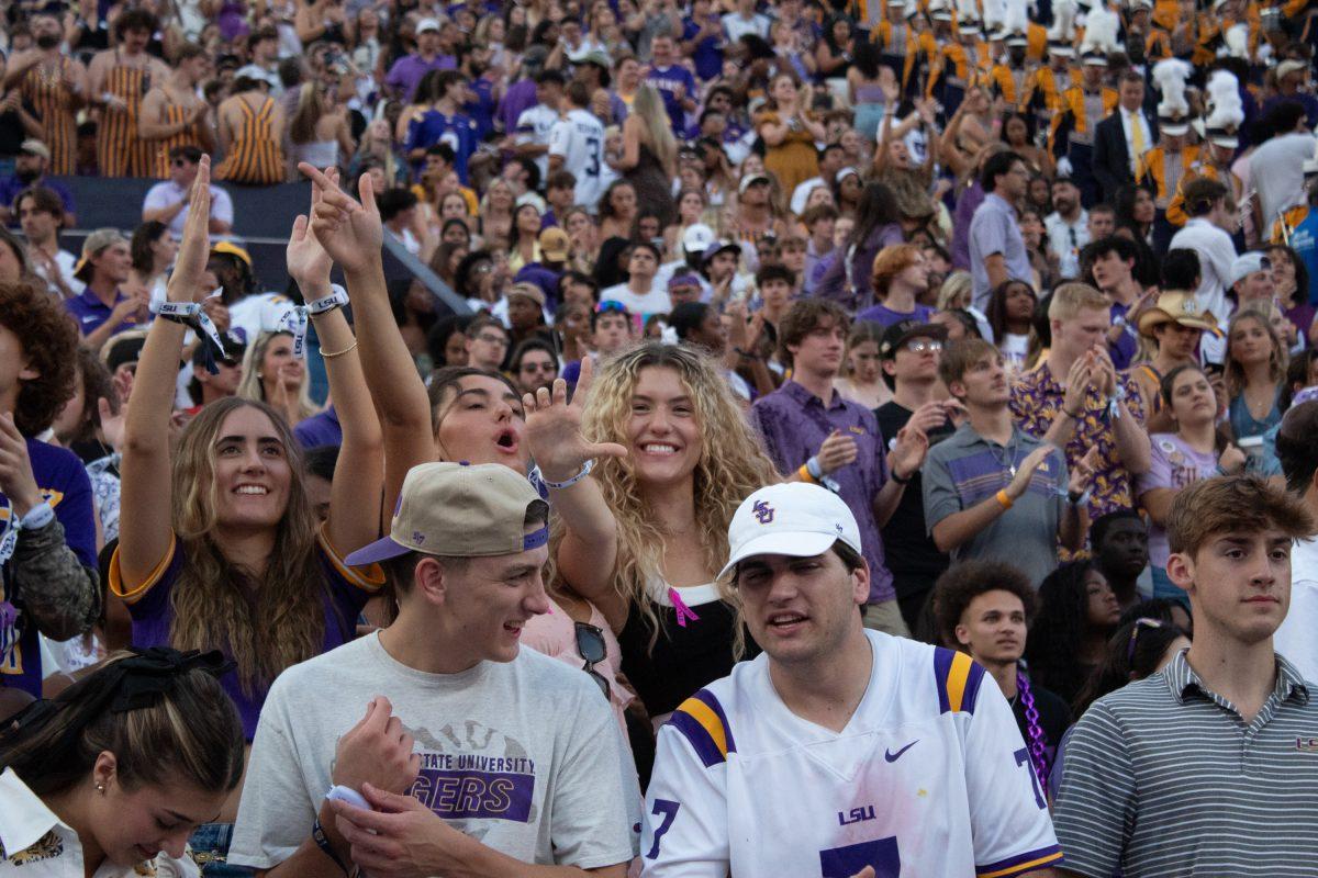 LSU fans cheer on the team on Saturday, Oct. 12, 2024, during LSU&#8217;s 29-26 overtime win against Ole Miss at Tiger Stadium in Baton Rouge, La.