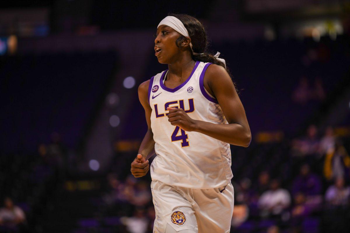 LSU women's basketball junior guard Flau'jae Johnson (4) runs during LSU's 114-53 win against Xavier on Thursday, Oct. 24, 2024, in the Pete Maravich Assembly Center in Baton Rouge, La.