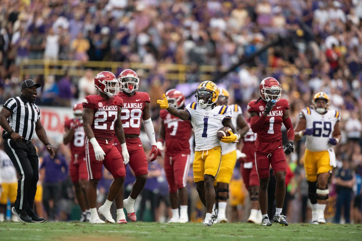 LSU football redshirt freshman wide receiver Aaron Anderson (1) gestures in celebration Saturday, Sept. 23, 2023, during LSU's&#160;34-31 win&#160;against Arkansas at Tiger Stadium in Baton Rouge, La.