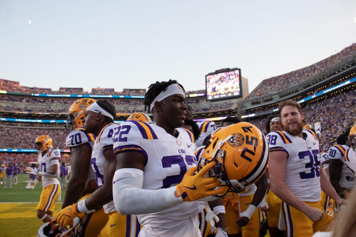 LSU football freshman safety&#160;Joel Rogers (22) looks out at the crowd on Saturday, Oct. 12, 2024, before LSU&#8217;s 29-26 overtime win against Ole Miss at Tiger Stadium in Baton Rouge, La.&#160;