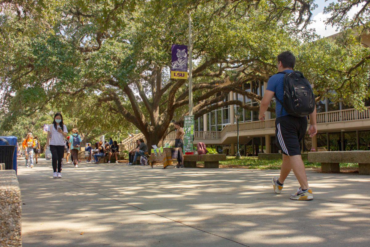 Students walk down Free Speech Plaza on Wednesday, Sept. 21, 2022, near Tower Drive in Baton Rouge, La.