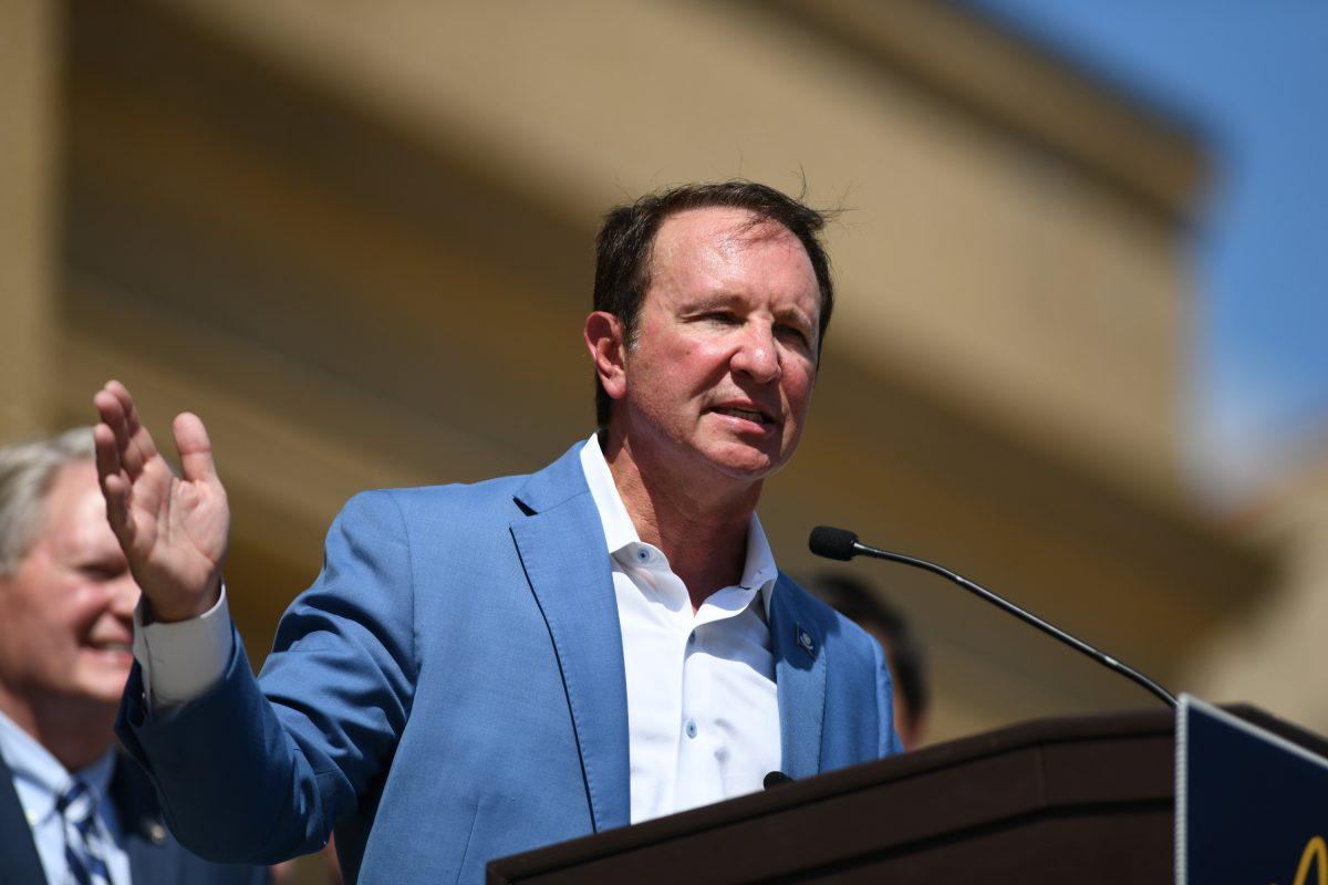 Louisiana Governor Jeff Landry speaking on signing an executive order about free speech for higher education institutions on Tuesday, Oct. 1, 2024, outside of the LSU Memorial Tower on Dalrymple Dr in Baton Rouge, La.&#160;