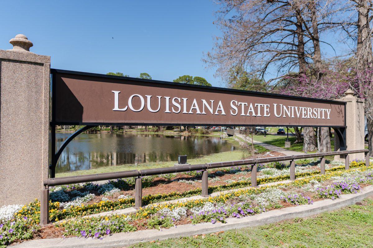 A Louisiana State University sign sits Wednesday, March 6, 2024, near East Parker Blvd. in Baton Rouge, La.