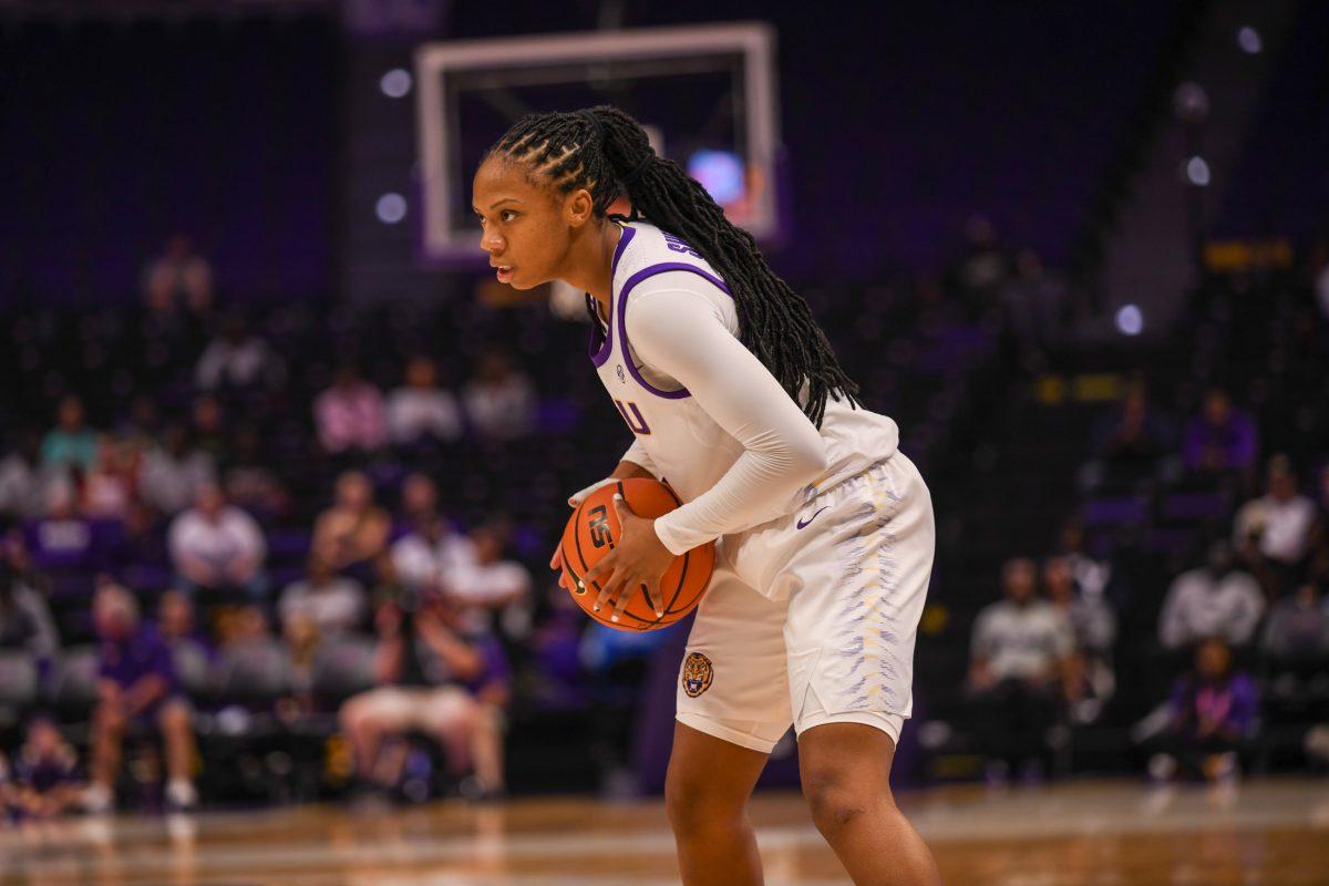 LSU women's basketball sophomore guard Mjracle Sheppard (1) prepares to shoot the ball during LSU's 114-53 win against Xavier on Thursday, Oct. 24, 2024, in the Pete Maravich Assembly Center in Baton Rouge, La.