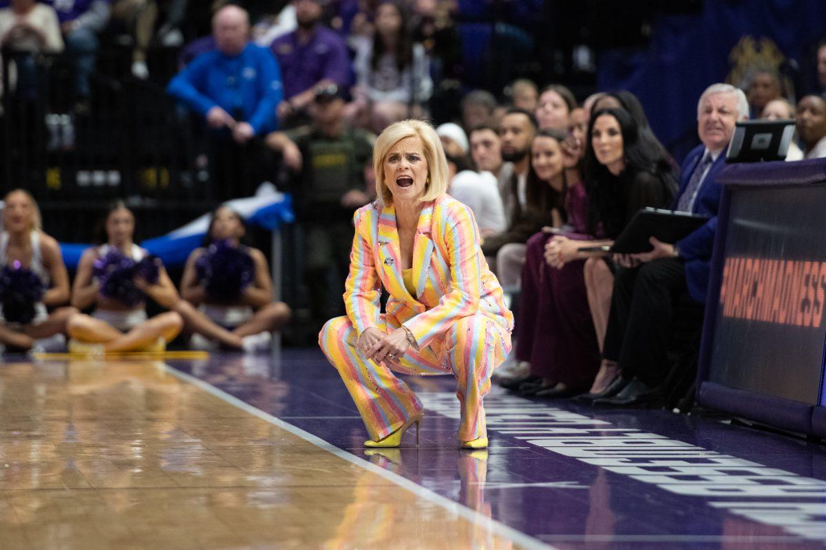 <p>LSU women’s basketball head coach Kim Mulkey yells Sunday, March 24, 2024, during LSU’s 83-56 second-round NCAA tournament win against Middle Tennessee at the Pete Maravich Center in Baton Rouge, La.</p>