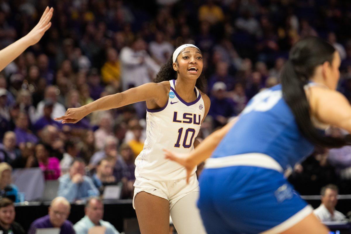 LSU women&#8217;s basketball junior forward Angel Reese (10) points Sunday, March 24, 2024, during&#160;LSU&#8217;s 83-56 second-round NCAA tournament win against Middle Tennessee at the Pete Maravich Center in Baton Rouge, La.