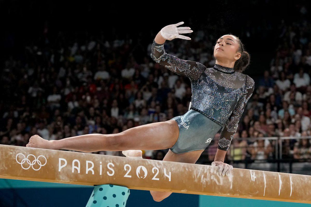 Hezly Rivera, of United States, competes on the balance beam during a women's artistic gymnastics qualification round at the 2024 Summer Olympics at Bercy Arena, Sunday, July 28, 2024, in Paris, France.