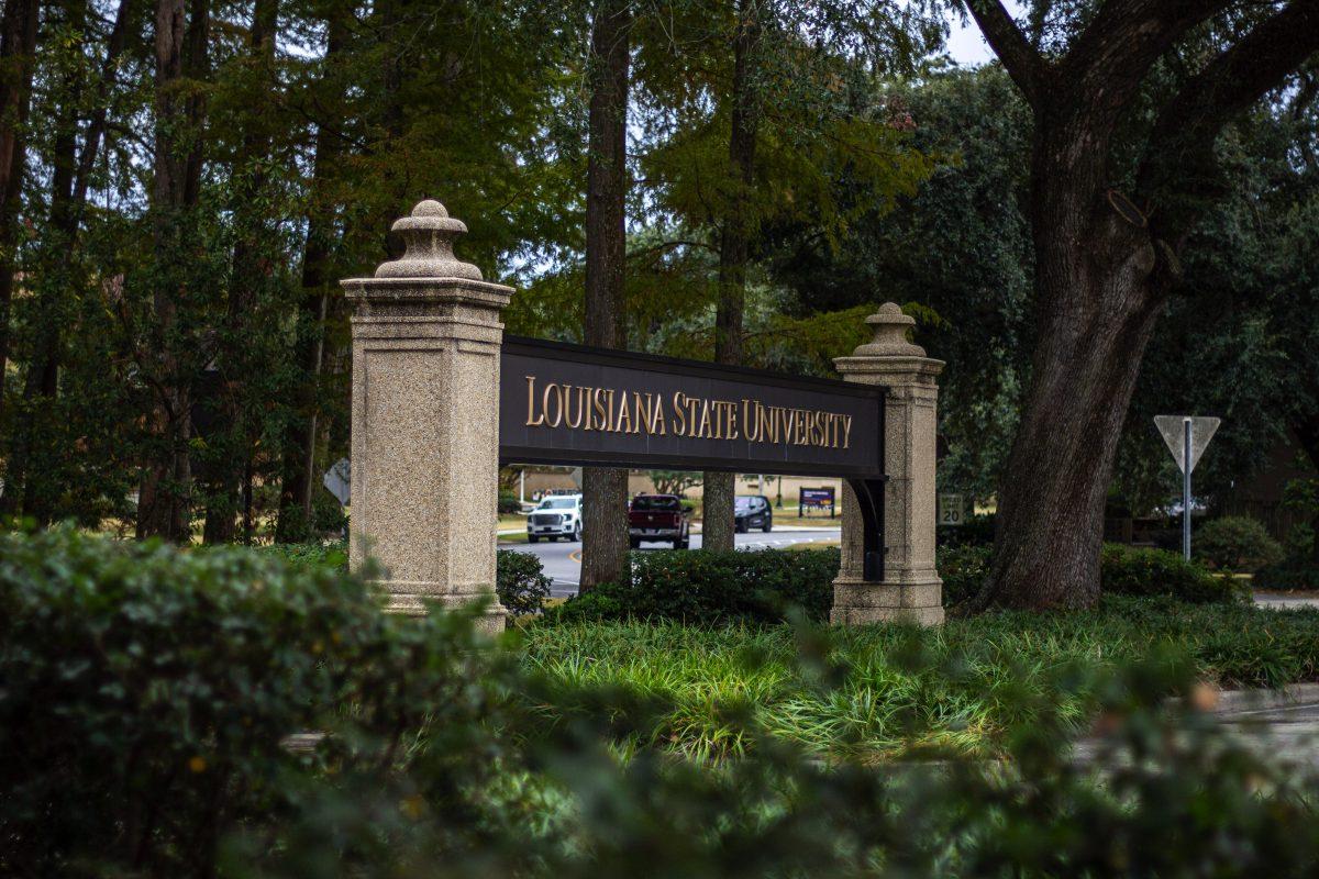 A sign reading "Louisiana State University" frames the entrance to LSU's campus Friday, Oct. 28, 2022, on Dalrymple Drive.