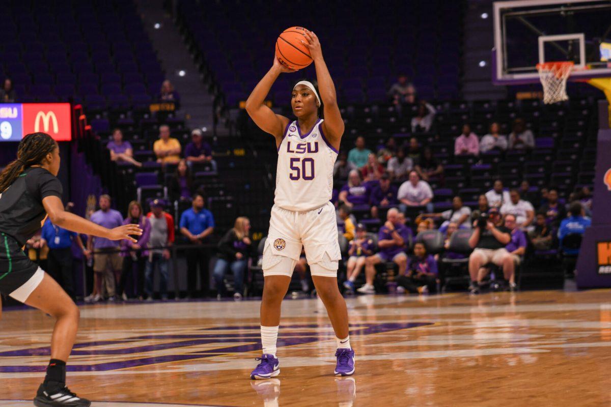 LSU women's basketball senior guard Shayeann Day-Wilson (50) passes the ball to a teammate during LSU's 114-53 win against Xavier on Thursday, Oct. 24, 2024, in the Pete Maravich Assembly Center in Baton Rouge, La.