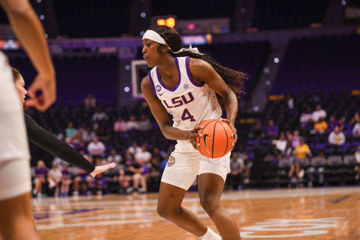 LSU women's basketball junior guard Flau'jae Johnson (4) runs with the ball during LSU's 114-53 win against Xavier on Thursday, Oct. 24, 2024, in the Pete Maravich Assembly Center in Baton Rouge, La.