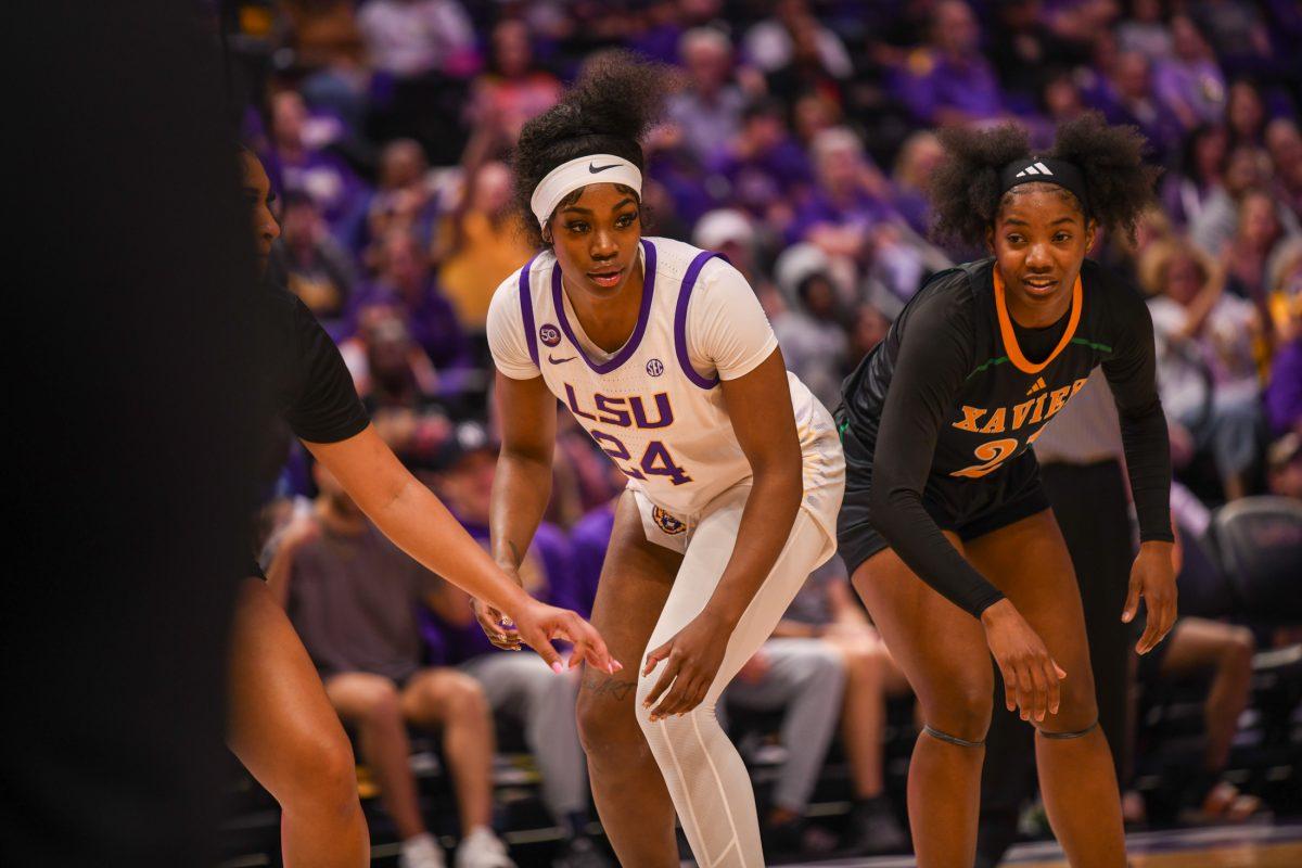 LSU women's basketball senior guard Aneesah Morrow (24) watches the ball during LSU's 114-53 win against Xavier on Thursday, Oct. 24, 2024, in the Pete Maravich Assembly Center in Baton Rouge, La.