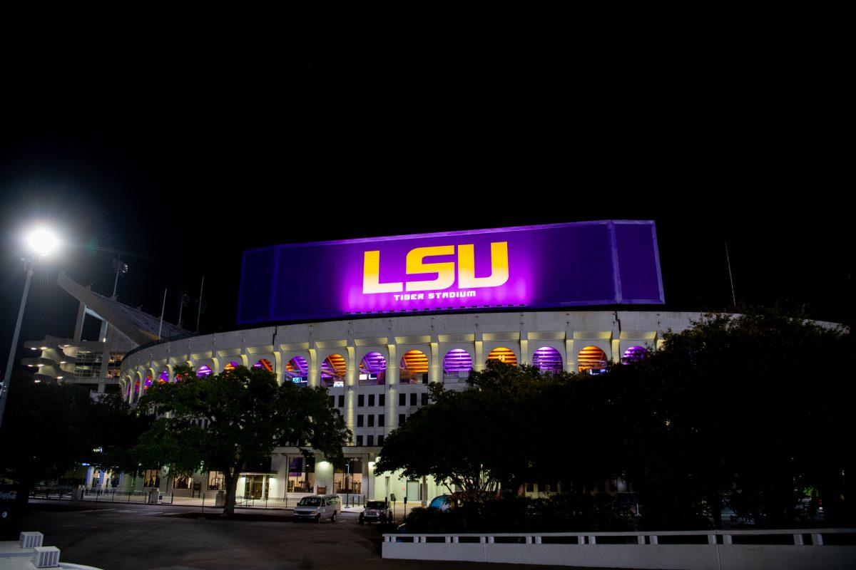 <p>LSU football stadium new board glowing at night on Thursday, October 10, 2024, on North Stadium Road in Baton Rouge, La.</p>