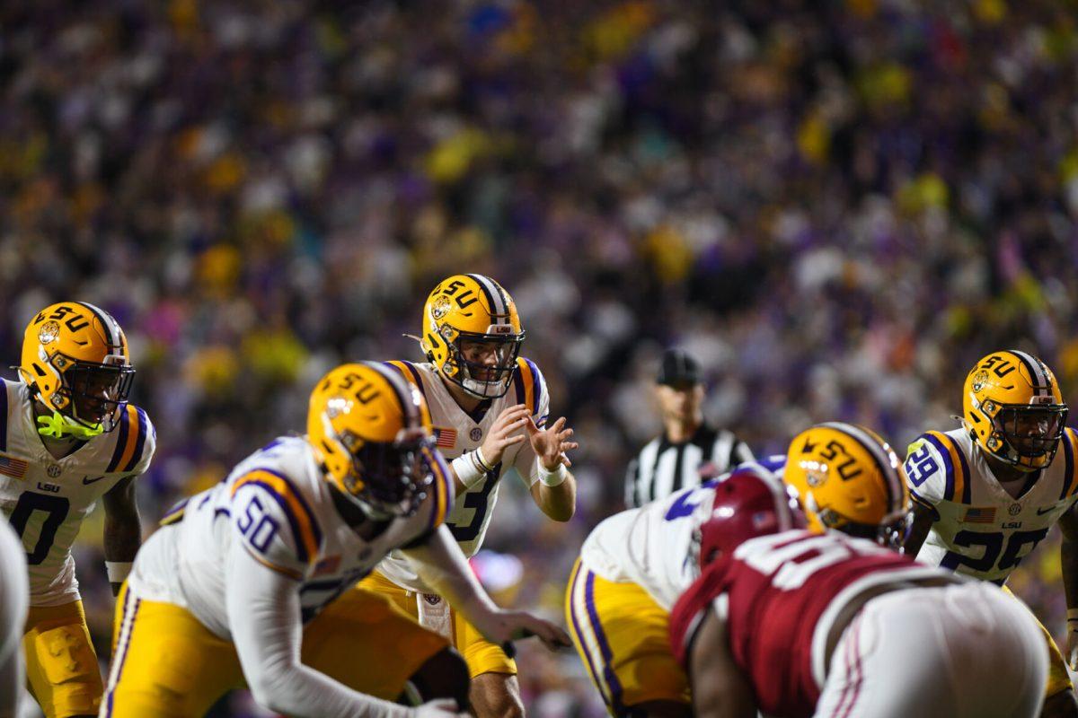 LSU football junior quarterback Garrett Nussmeier (13) prepares to receive a snapped ball on Saturday, Nov. 9, 2024, during LSU’s 42-13 loss to Alabama at Tiger Stadium in Baton Rouge, La.