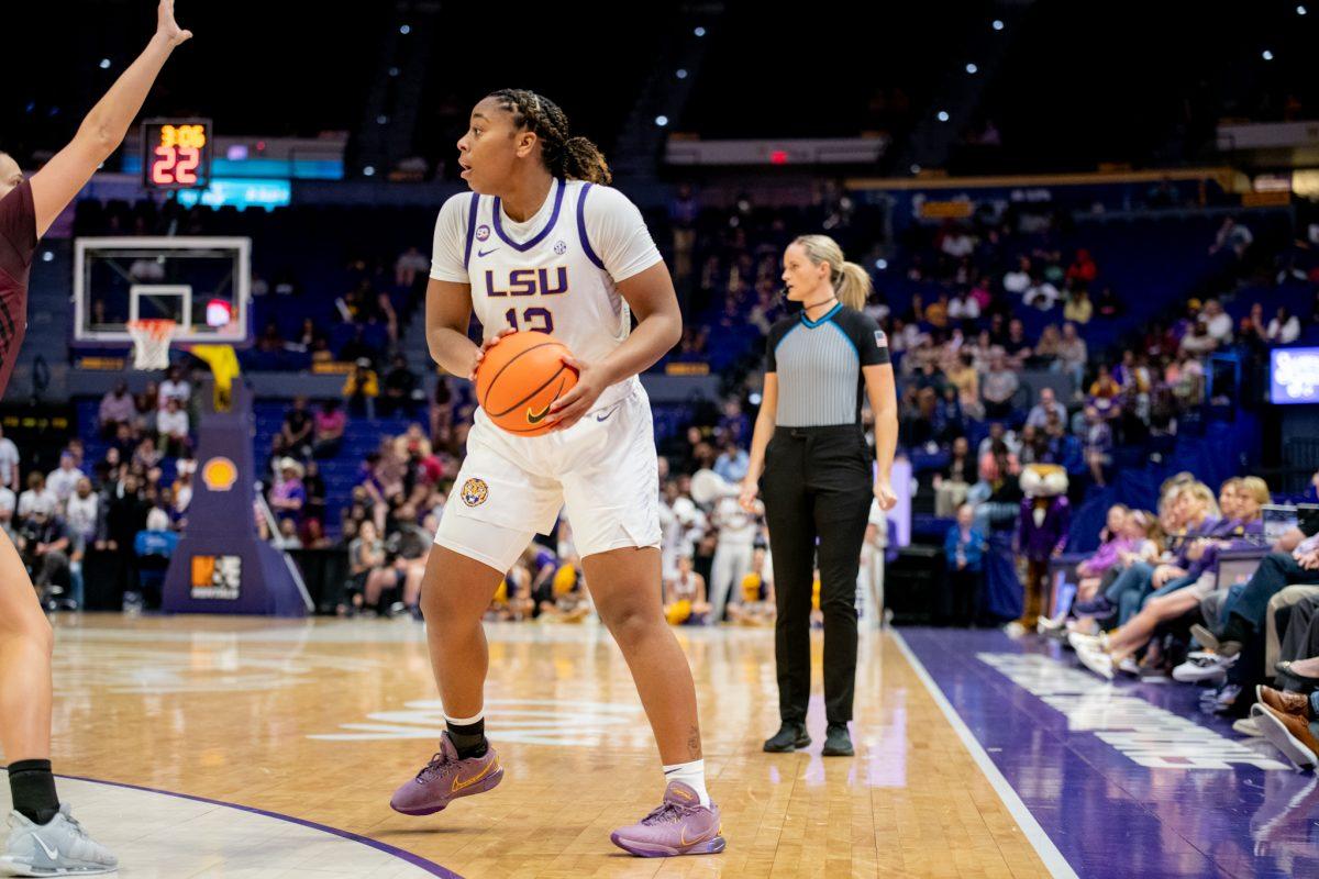 LSU women&#8217;s basketball sophomore guard Mikaylah Williams (12) showcases her skills during LSU's 95-44 season-opening win against Eastern Kentucky on November 4, 2024, at the Pete Maravich Assembly Center in Baton Rouge, La.