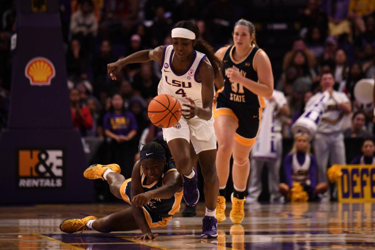 LSU women's basketball junior guard Flau'Jae Johnson (4) regains possesion of the ball during LSU's 60-74 win against Murray State on Friday Nov. 15, 2024, in the Pete Maravich Assembly Center in Baton Rouge, La.