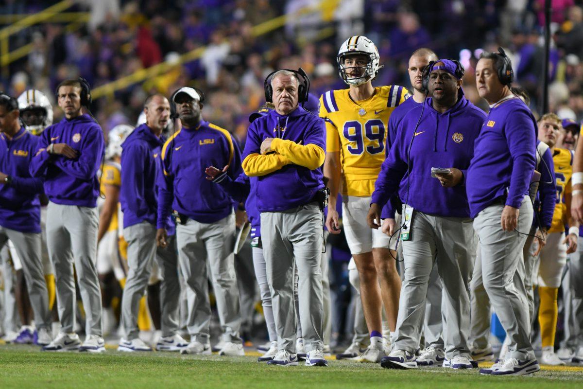 LSU head coach Brian Kelly watches a play during LSU's 17-24 win against Vanderbilt on Nov 23, 2024, in Tiger Stadium in Baton Rouge, La.