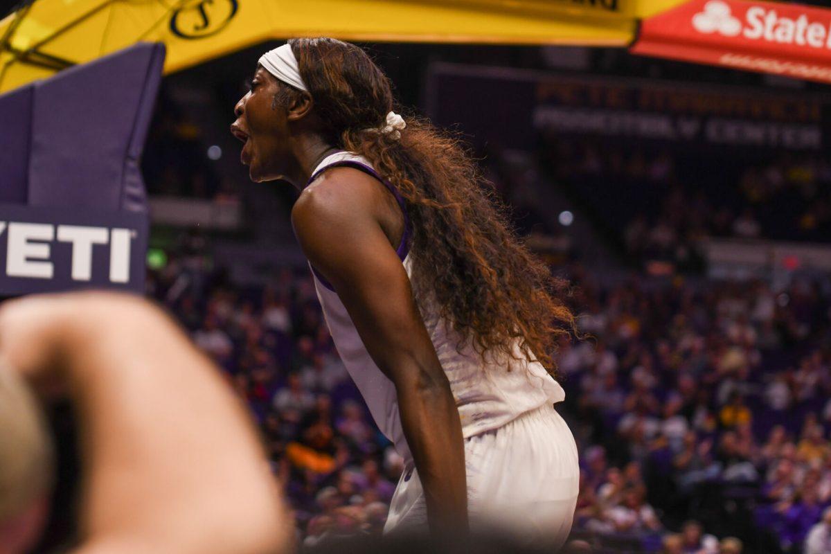 LSU women's baskatball junior guard Flau'jae Johnson (4) yells to the crowd in celebration during LSU's 36-95 win against Northwestern State on Nov 8, 2024, in the Pete Maravich Assembly Center in Baton Rouge, La.