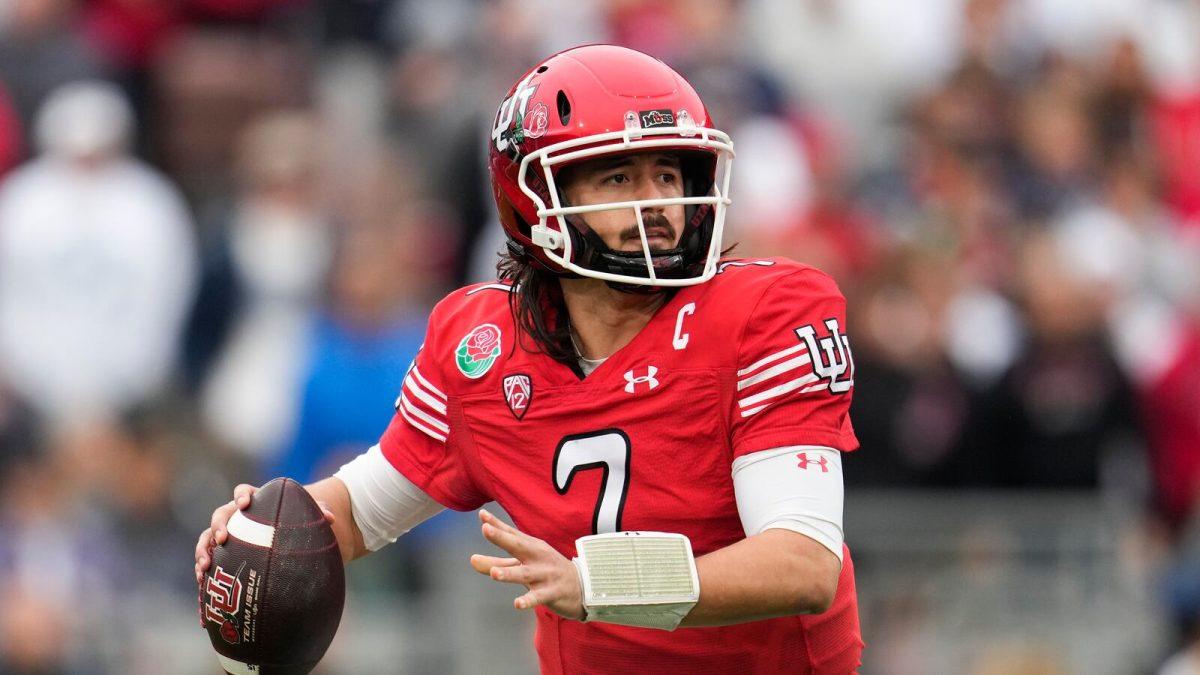 Utah quarterback Cameron Rising (7) looks to throw a pass during the first half in the Rose Bowl NCAA college football game against Penn State Monday, Jan. 2, 2023, in Pasadena, Calif.