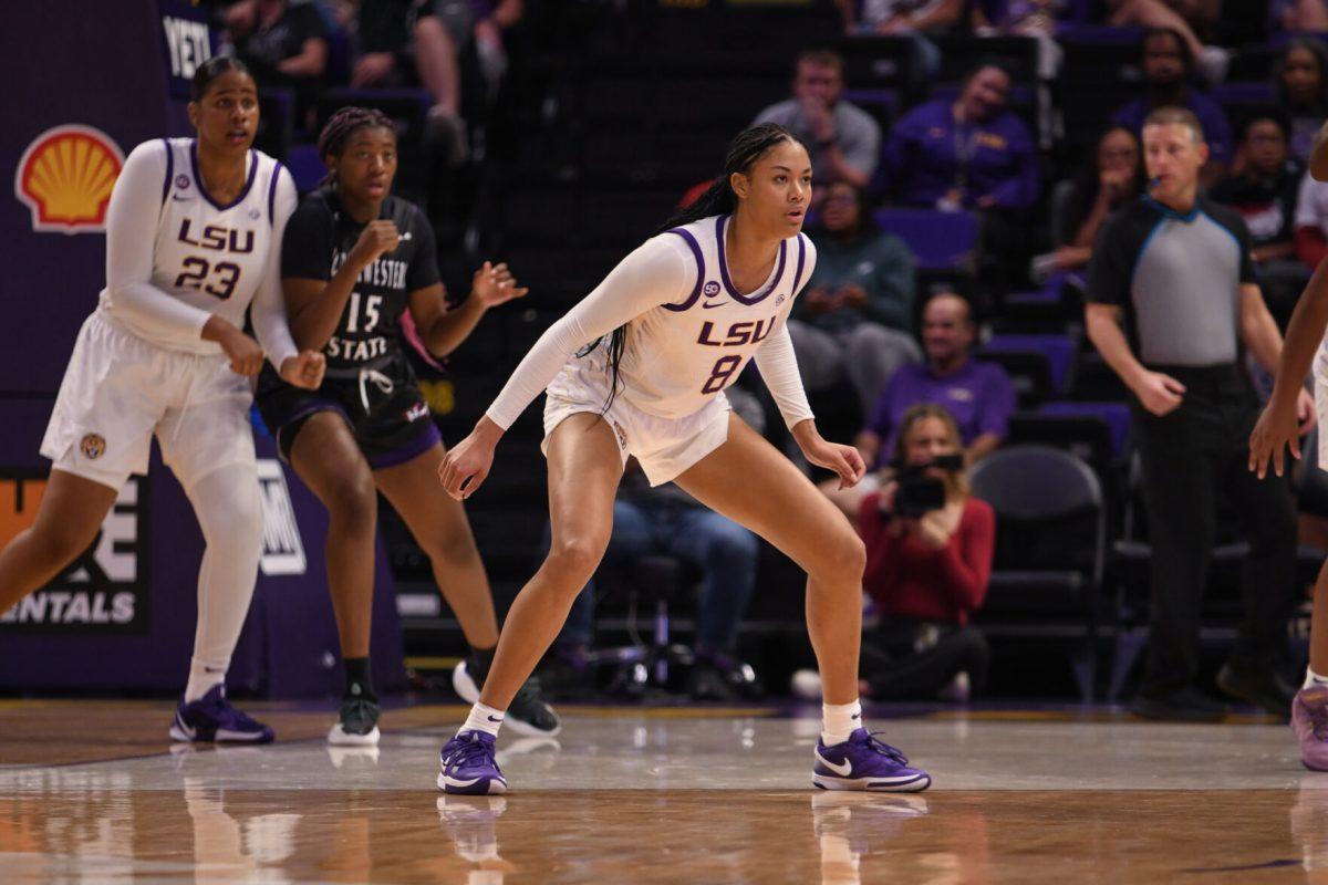 LSU women's baskatball junior forward Jersey Wolfenbarger (8) watches her teammates during LSU's 36-95 win against Northwestern State on Nov 8, 2024, in the Pete Maravich Assembly Center in Baton Rouge, La.